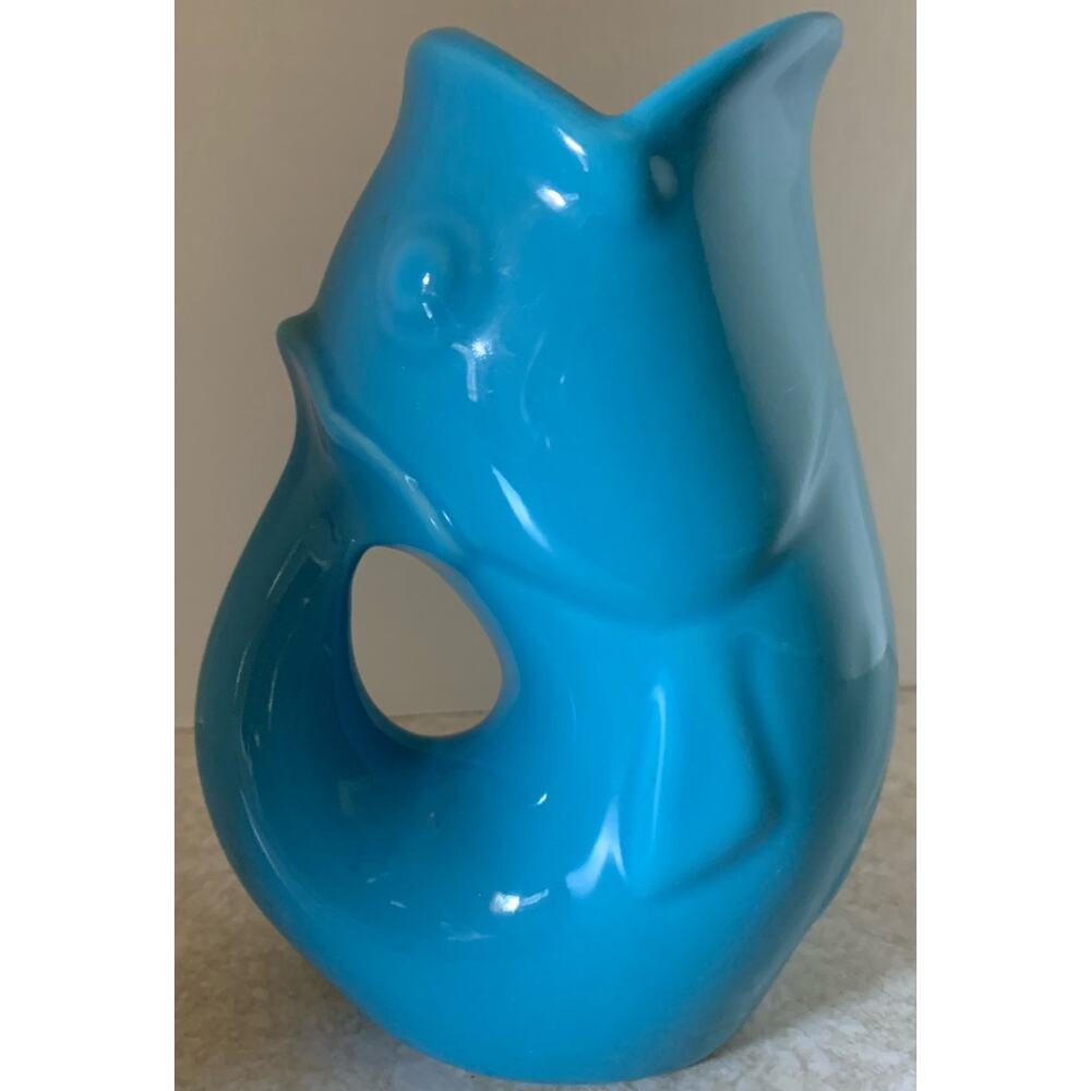 2006 GURGLEPOT Fish Ceramic Blue Pitcher 6.5 Inches Tall